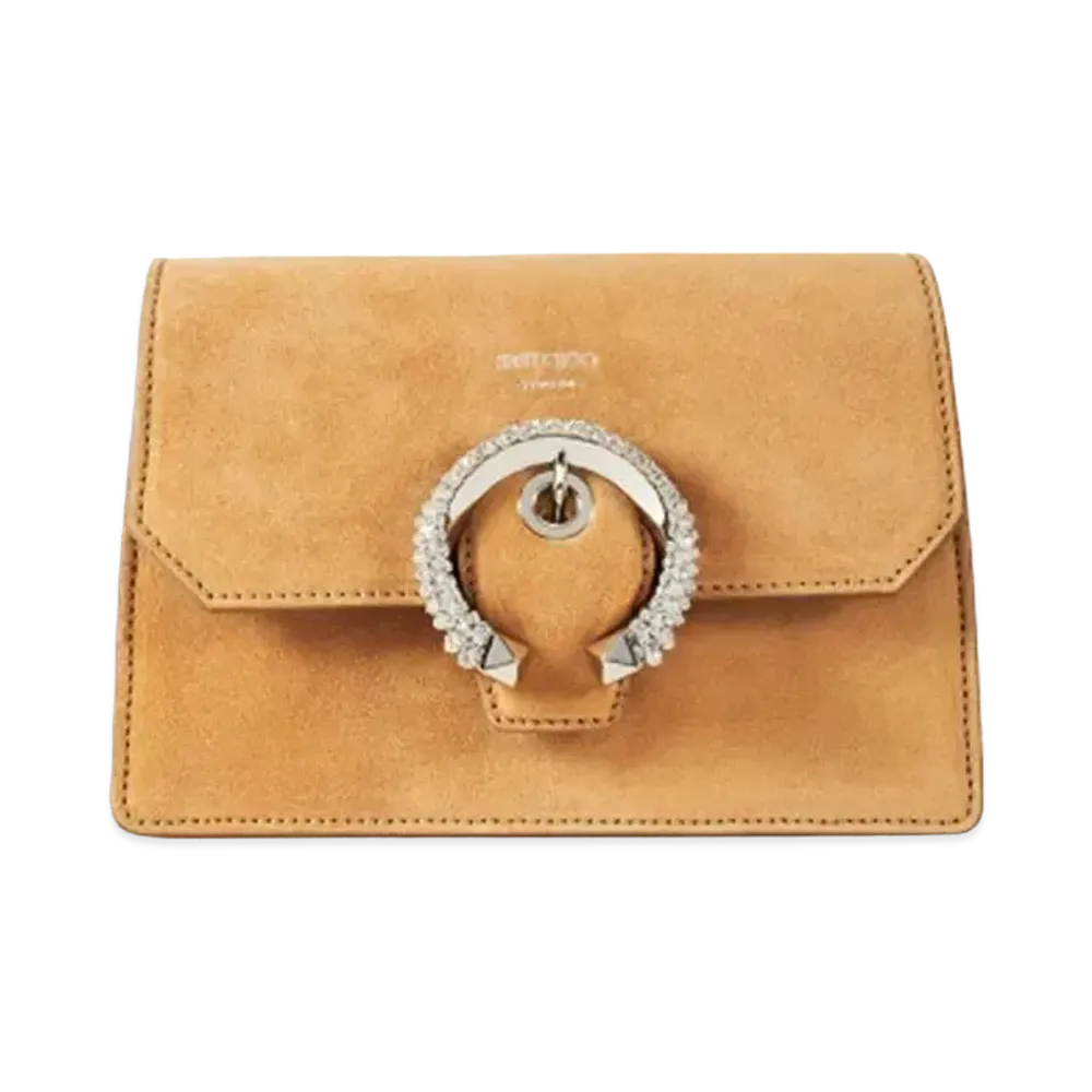 Jimmy Choo Madeline Crossbody Suede Crossbody Bag With Crystal Buckle "Caramel"