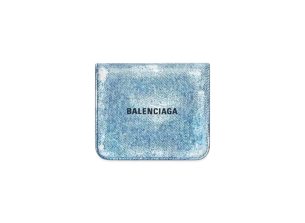 BALENCIAGA Cash Flap Coin and Card Holder Denim Printed Nappa Lambskin "Blue"