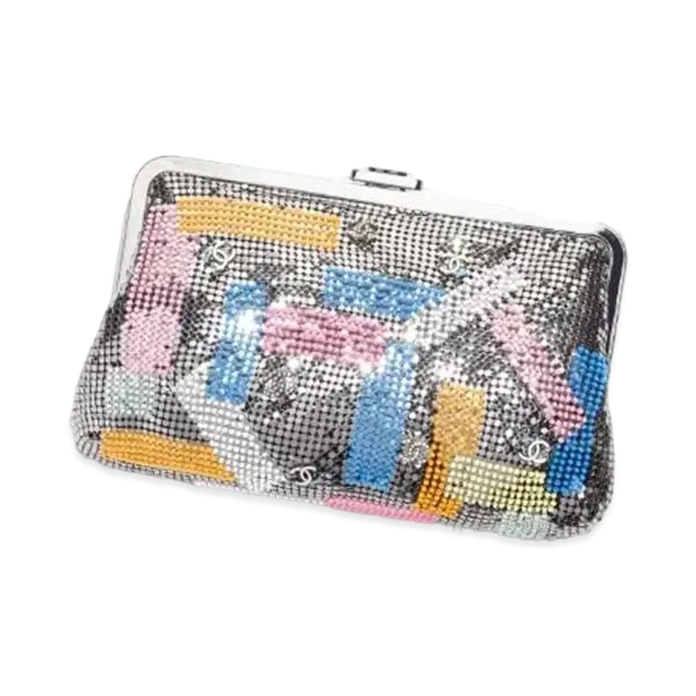 CHANEL Clutch Embroidered Metallic Mesh Imitation Pearls & Ruthenium Finish Metal "Silver/Gray"