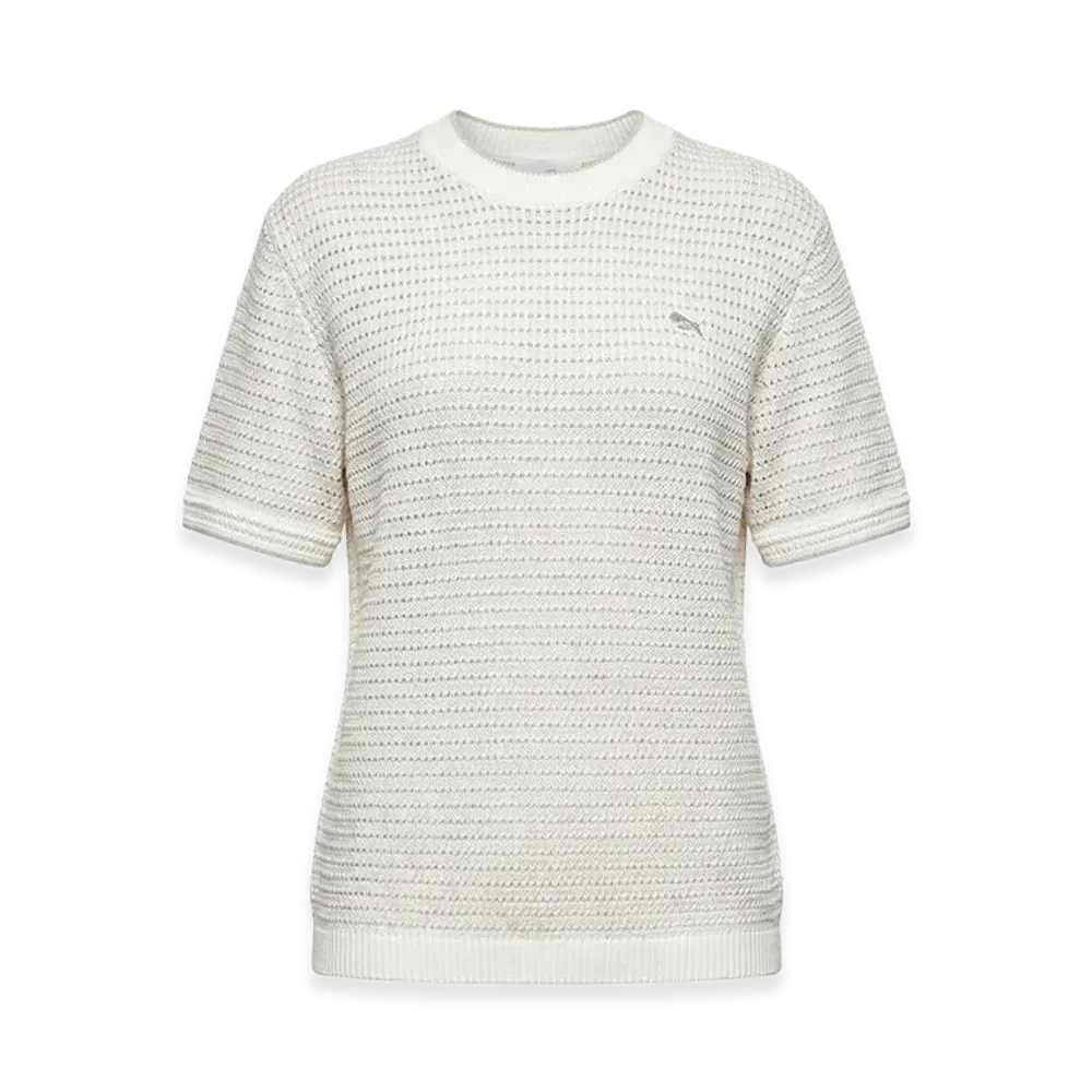 Maison Kitsune Women's Knit Short Sleeve T-Shirt Lace Knit Striped One-Point Crewneck Pullover "Beige"