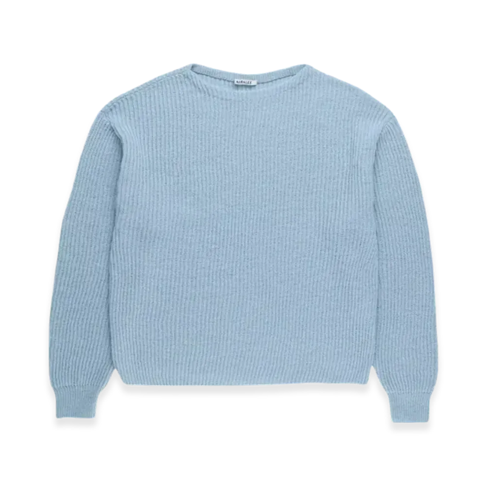 AURALEE Wool Hard Twist Rib Knit Boat Neck P/O "Light Blue"
