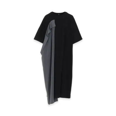Y's Crepe De Chine/Cotton Jersey Combination Half Sleeve Dress "Khaki"