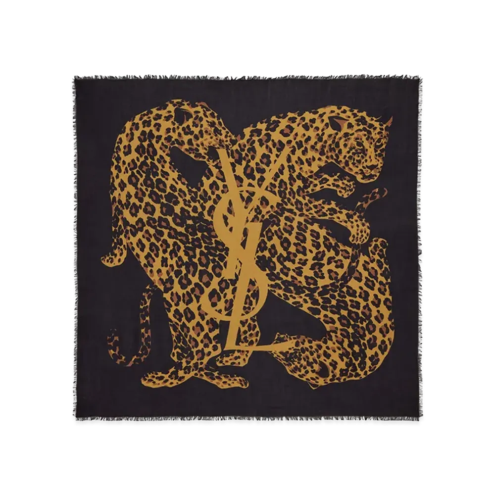 Saint Laurent Women's Cassandre Leopard Square Scarf In Wool Twill "Black"
