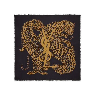 Saint Laurent Women's Cassandre Leopard Square Scarf In Wool Twill "Black"