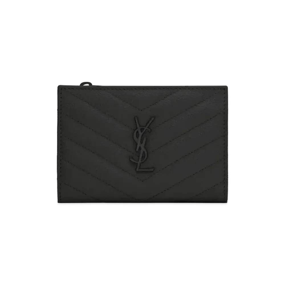 SAINT LAURENT Monogram Zippered Two-Part Wallet In Quilted Grained Leather "Black"