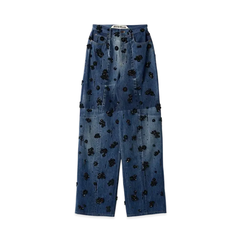 MIU MIU Women's Embellished Five-Pocket Denim Jeans "Navy"
