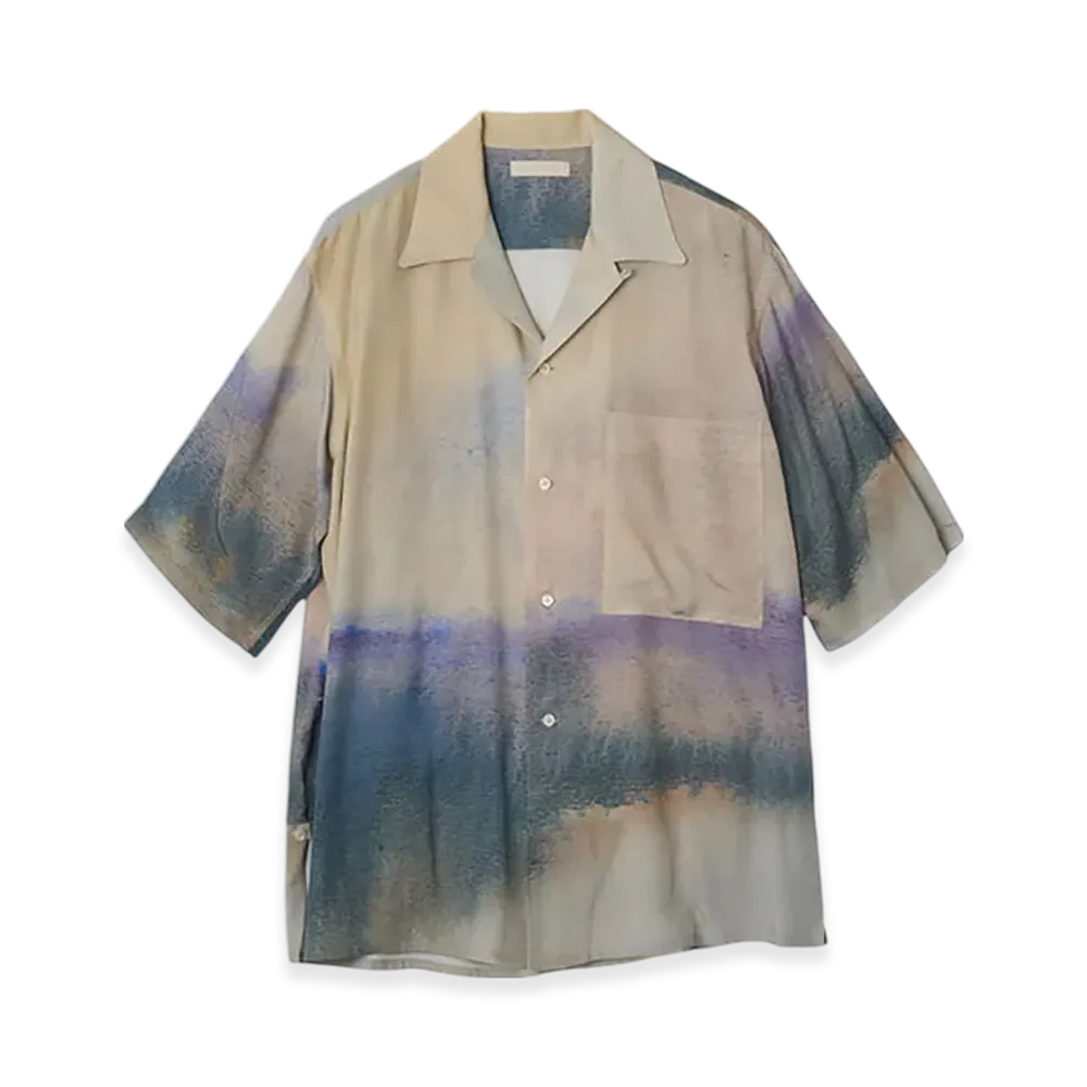 YOKE Landscape Printed Cotton Silk Rayon Twill Open Collar Shirt "Ivory"