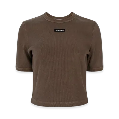 MIU MIU Women's Logo Patch Cropped T-Shirt "Cocoa Brown"