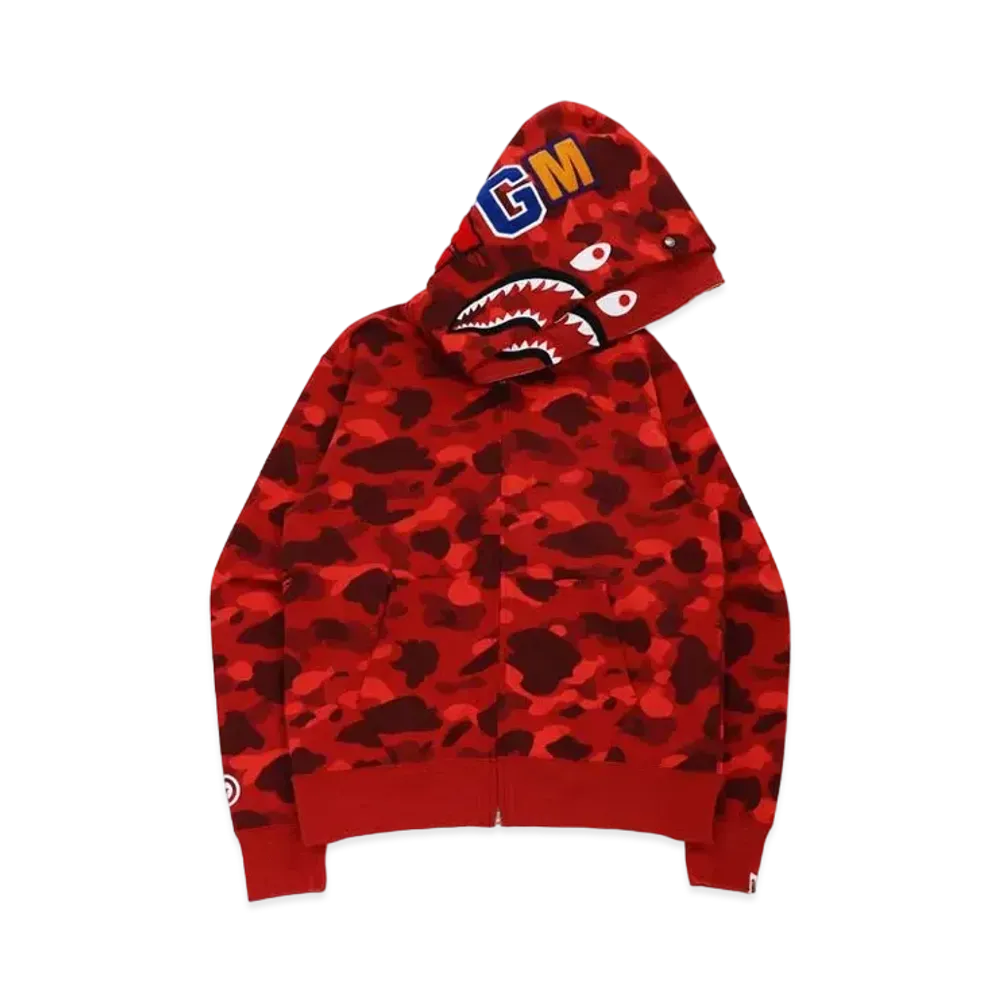 A BATHING APE COLOR CAMO SHARK WIDE FIT FULL ZIP DOUBLE HOODIE "Red"
