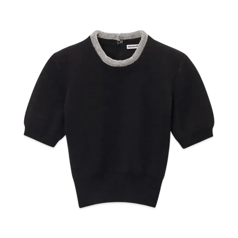 Alexander Wang Crystal Hotfix Trim Wool Blend Short Sleeve Tee "Black"