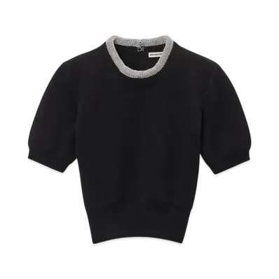 Alexander Wang Crystal Hotfix Trim Wool Blend Short Sleeve Tee "Black"