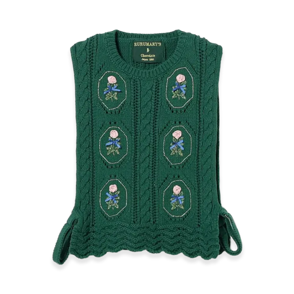 BEAMS COUTURE x RURU MARY'S Hand-Embroidered Knit Vest "Dark Green"
