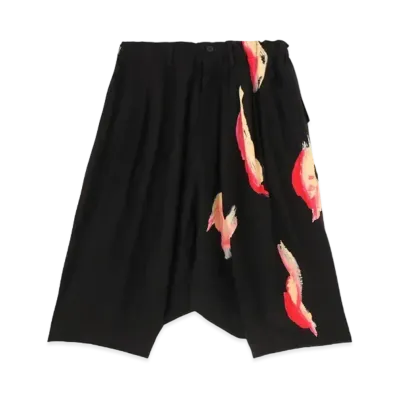 Yohji Yamamoto Pour Homme SILK SATIN PETALS PRINT SARUEL PANTS HALF PANTS "Black"