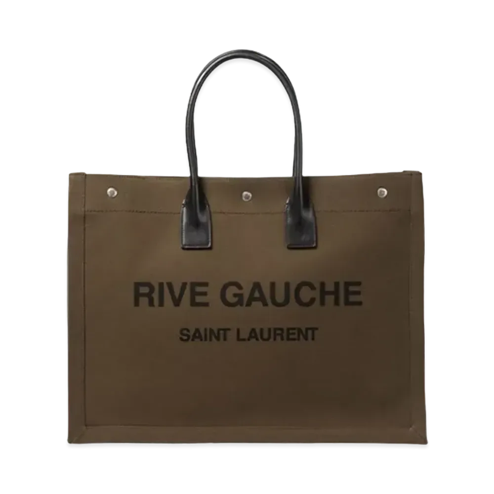 Saint Laurent Rive Gauche Large Tote Bag In Printed Canvas and Leather "Dark Kaki"