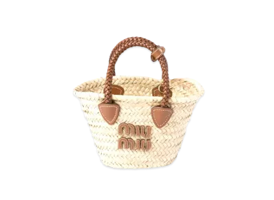 MIUMIU Woven Habric Handbag "Beige/Cognac"