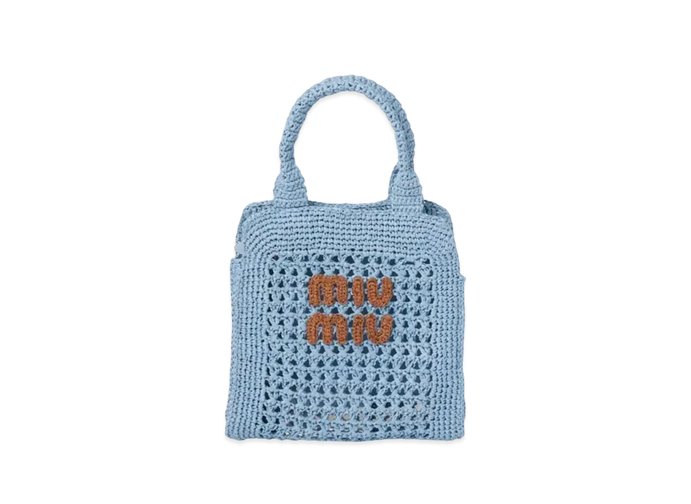 MIUMIU Raffia-Effect Crochet Fabric Tote Bag "Light Blue/Cognac"