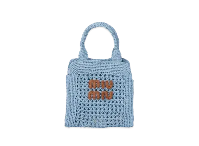 MIUMIU Raffia-Effect Crochet Fabric Tote Bag "Light Blue/Cognac"