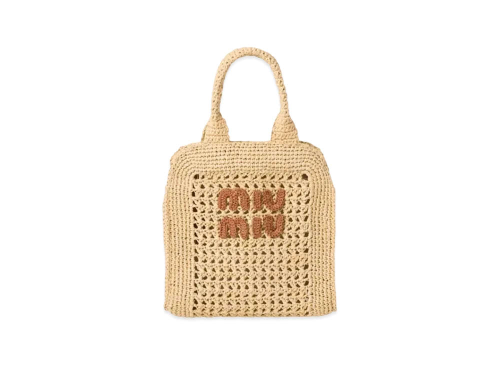 MIUMIU Raffia-Effect Crochet Fabric Tote Bag "Beige/Cognac"