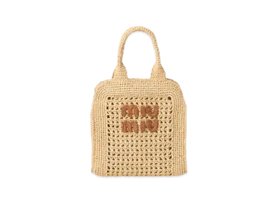 MIUMIU Raffia-Effect Crochet Fabric Tote Bag "Beige/Cognac"