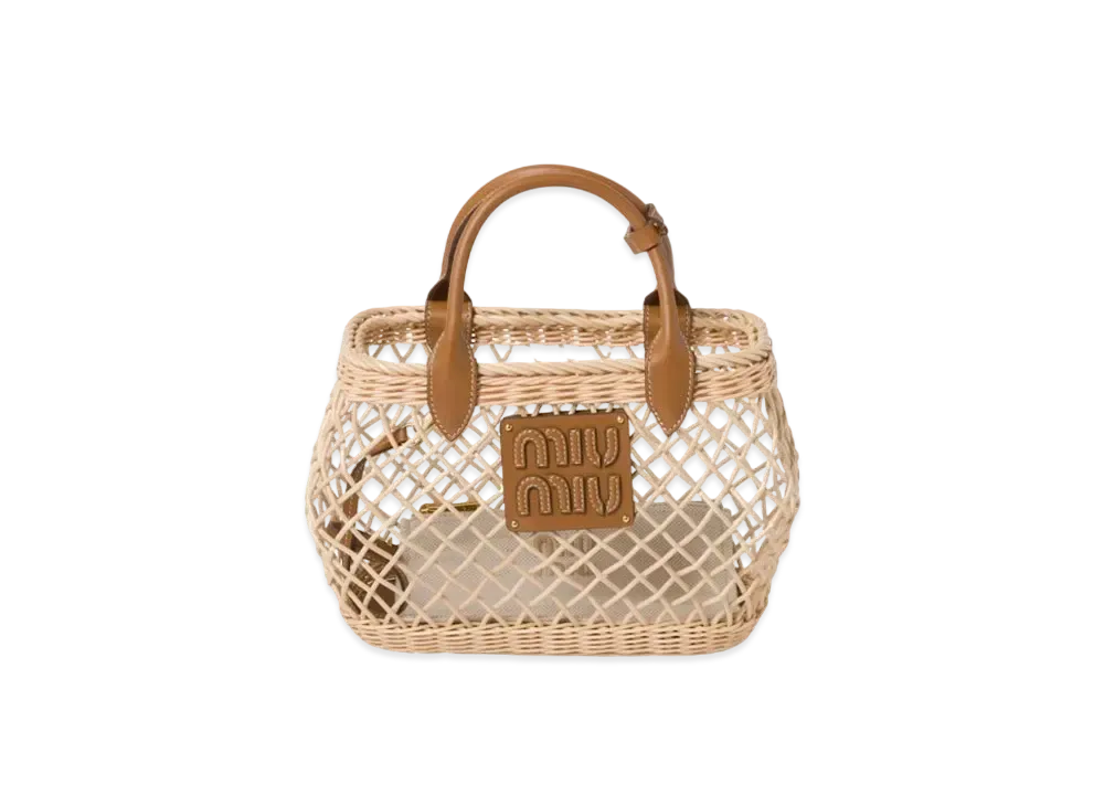 MIUMIU Woven Fabric Handbag with Leather Trim "Beige/Camel"