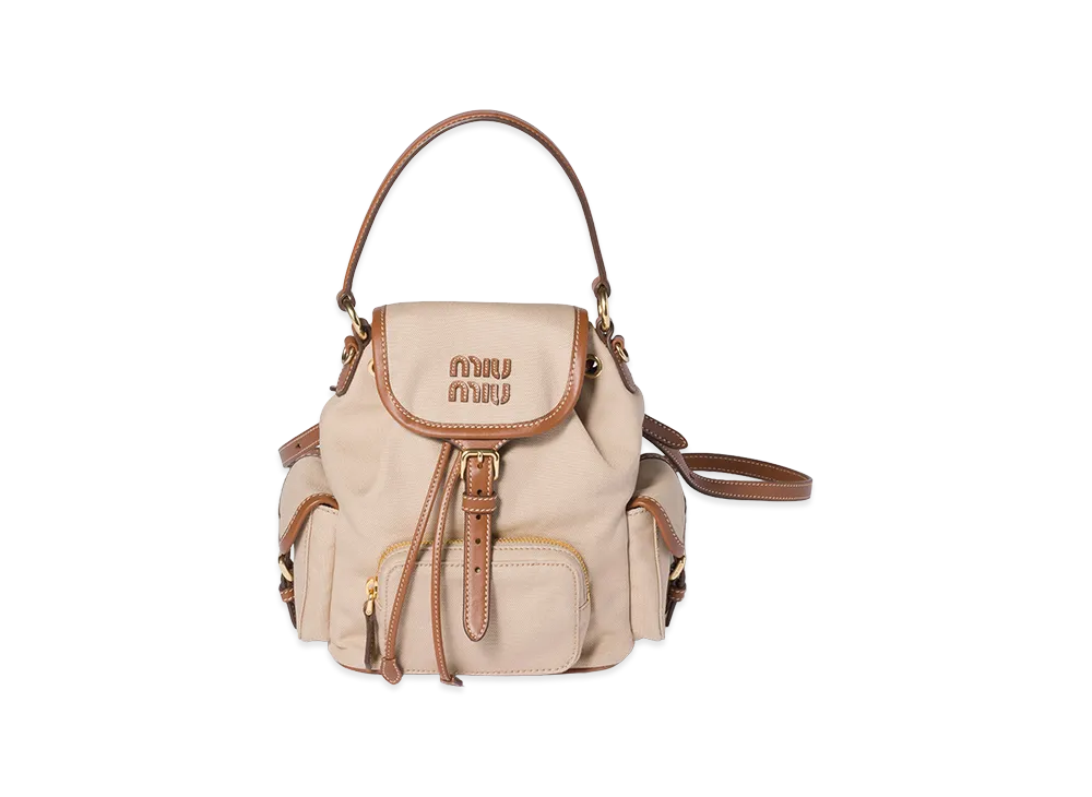 MIU MIU Canvas x Leather Backpack "Cord Beige/Brandy"
