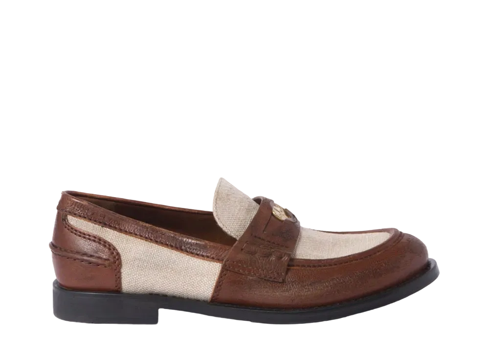 MIUMIU Leather and Linen Loafers "Dark Brown/Ivory"