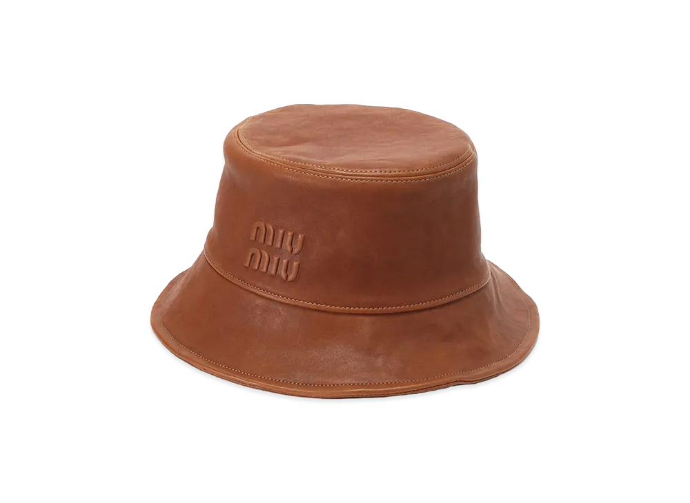 MIU MIU Leather Embossed Logo Classic Bucket Hat "Camel"