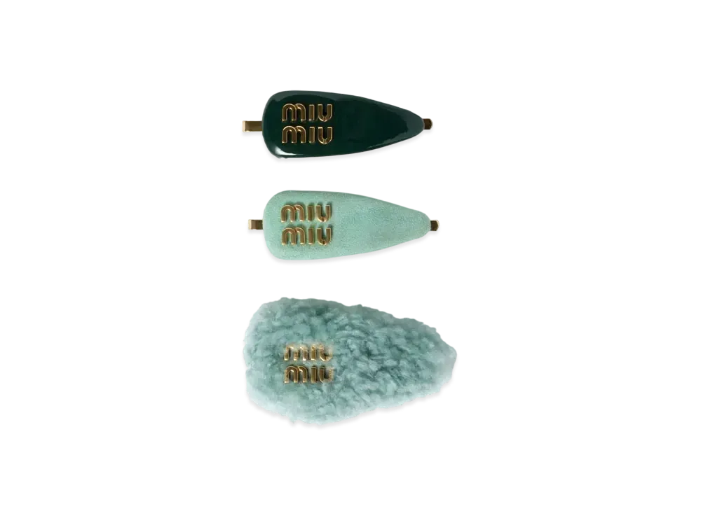 MIUMIU Set Of Leather Suede and Shearling Hair Clips "Dark Green"