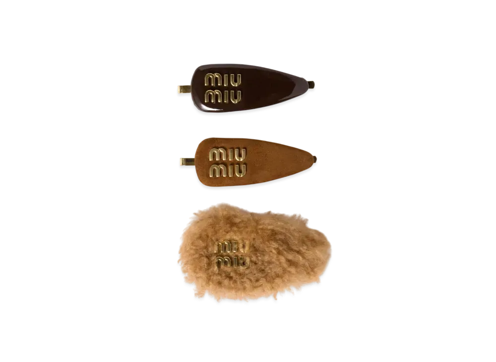 MIUMIU Set Of Leather Suede and Shearling Hair Clips "Brown"