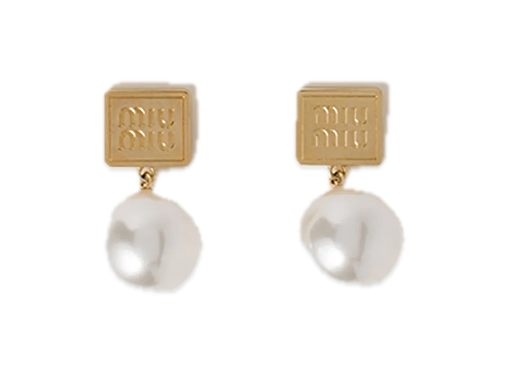MIU MIU Metal / Faux Pearl Earrings "Gold/Cream White"