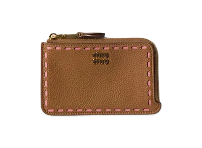 MIU MIU Leather Zip Card Holder "Caramel/Petal Pink"