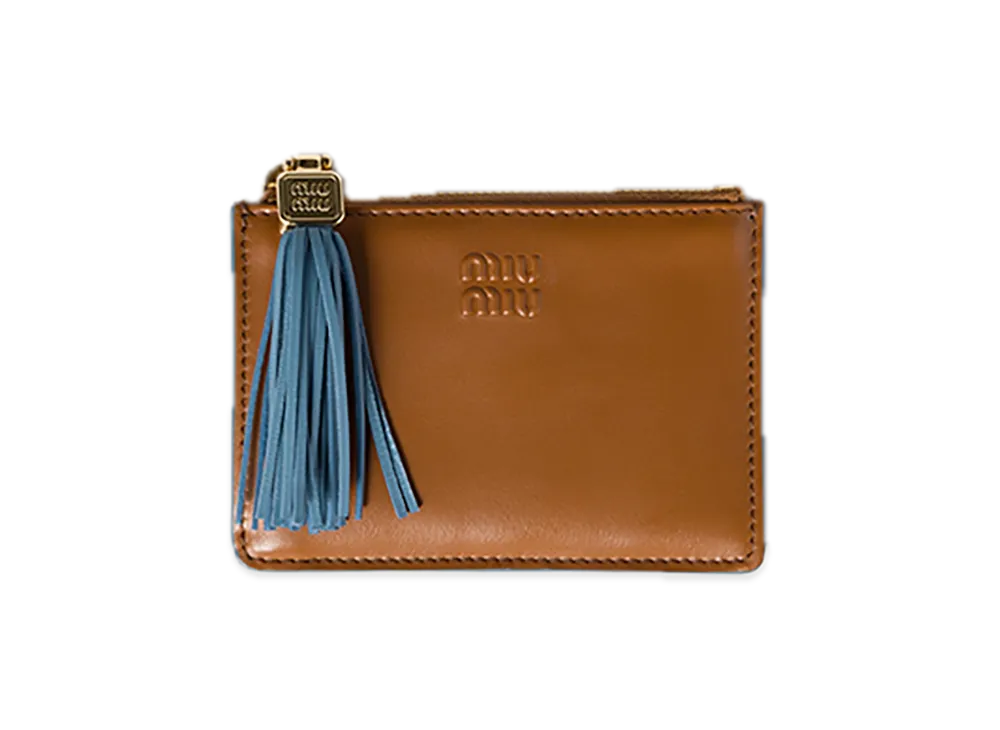 MIU MIU Leather Card Holder "Cognac/Light Blue"