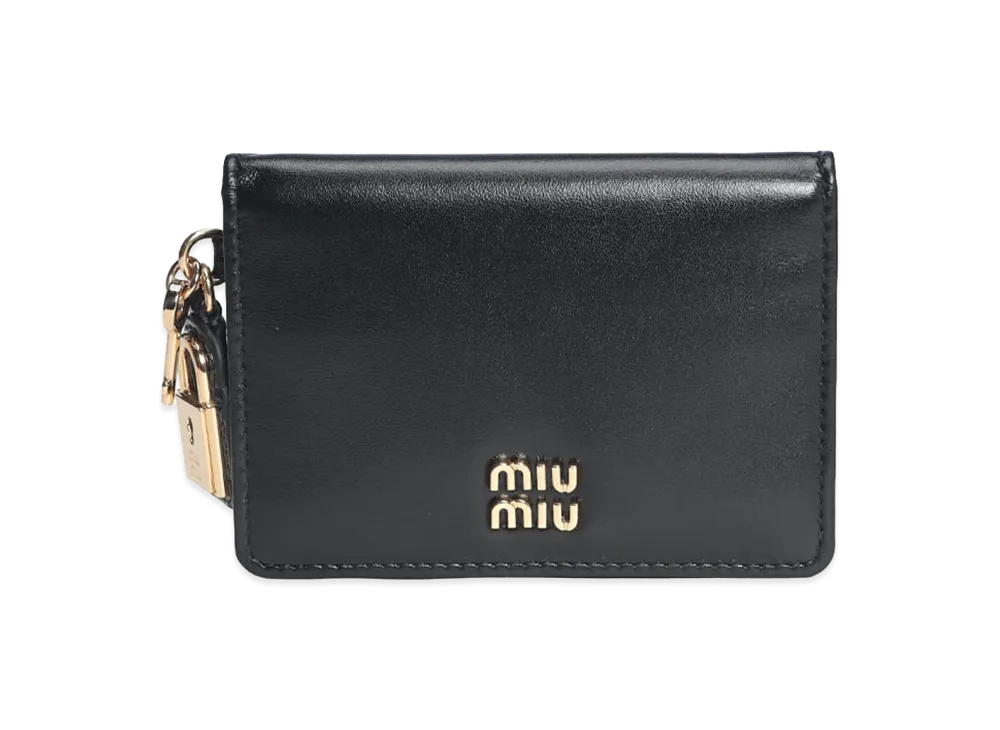 MIU MIU Women's Card Case Logo Leather Lock Charm Card Holder "Black"