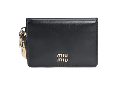 MIU MIU Women's Card Case Logo Leather Lock Charm Card Holder "Black"