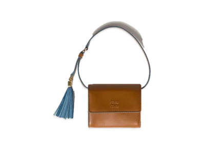 MIU MIU Leather Wallet with Shoulder Strap "Cognac/Light Blue"