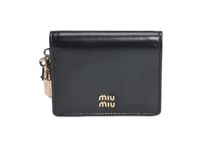 MIU MIU Women's Wallet Logo Leather Lock Charm Bifold Wallet Mini Wallet "Black"
