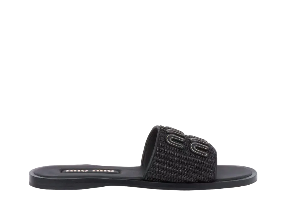 MIUMIU WMNS Raffia-Effect Woven Fabric Slides "Black"