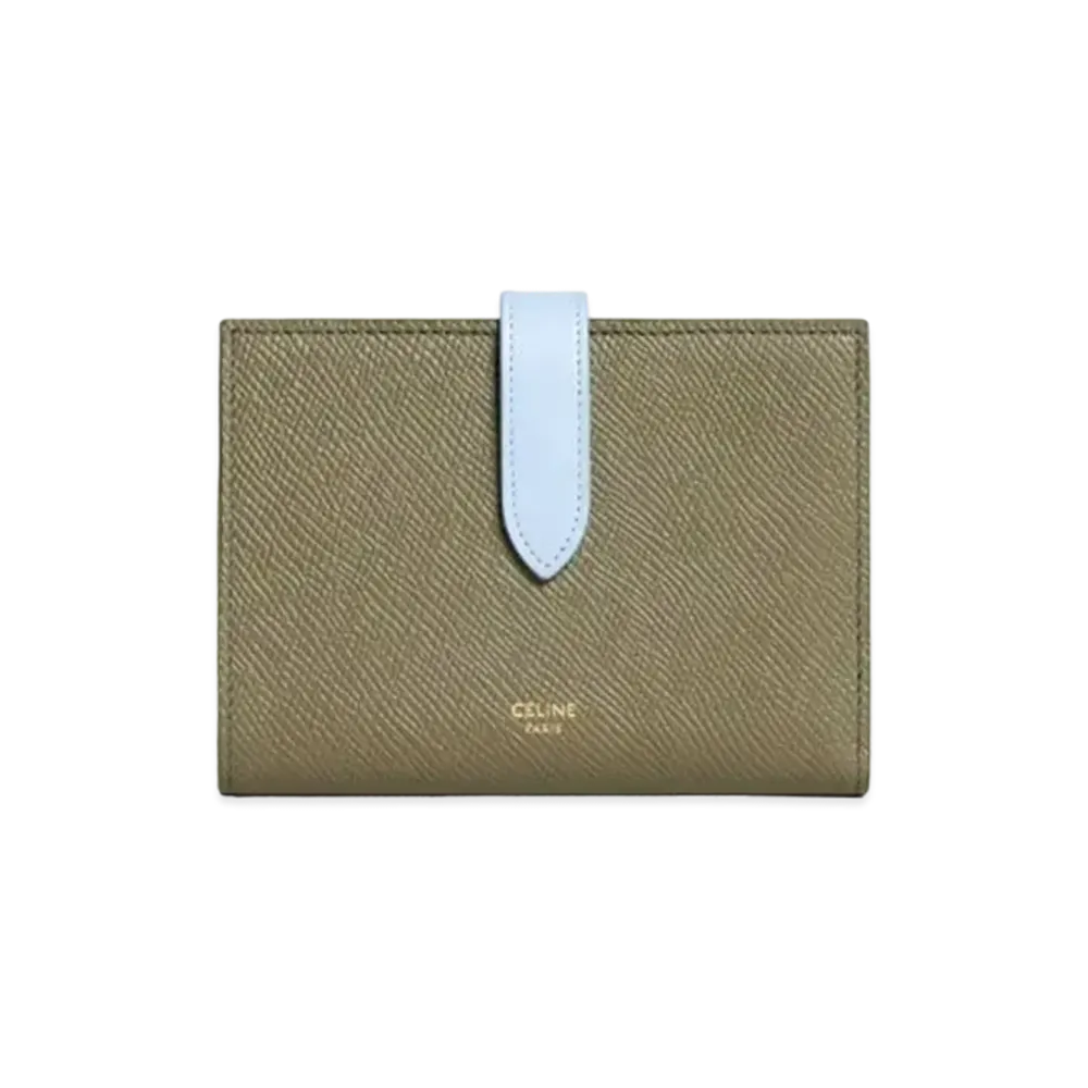 CELINE Medium Strap Wallet in Bicolour Grained Calfskin "Army Green/Light Blue"