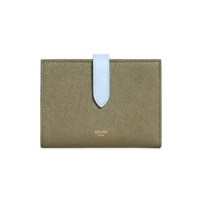 CELINE Medium Strap Wallet in Bicolour Grained Calfskin "Army Green/Light Blue"