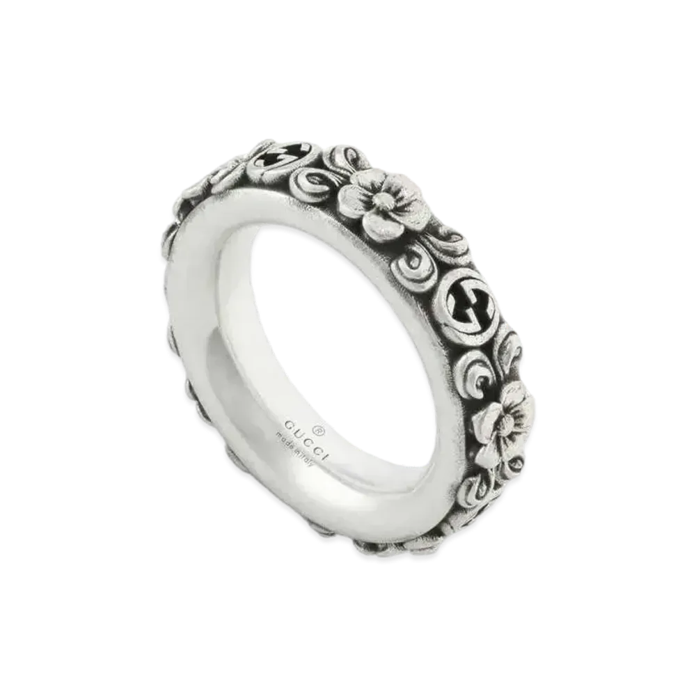 GUCCI Interlocking G Flower Ring Aged Finish "Silver"