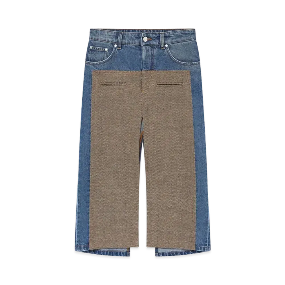 STELLA McCARTNEY Hybrid Panel Denim Midi Skirt "Beige Tweed/Blue Denim"