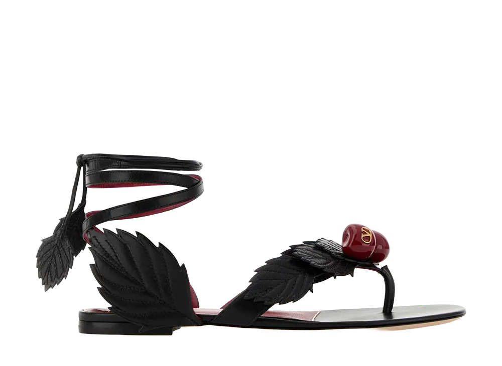 Valentino Garavani Women's Black Leather Cherryfic Thong Sandals "Black"