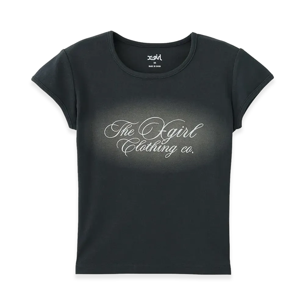 X-Girl Women's Spray And Cursive Script Logo S/S Baby Tee "Charcoal"