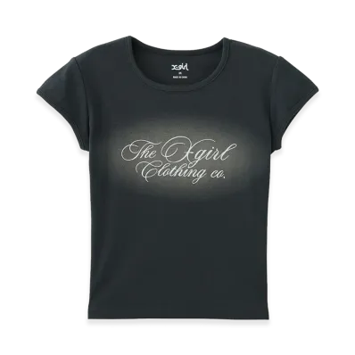 X-Girl Women's Spray And Cursive Script Logo S/S Baby Tee "Charcoal"
