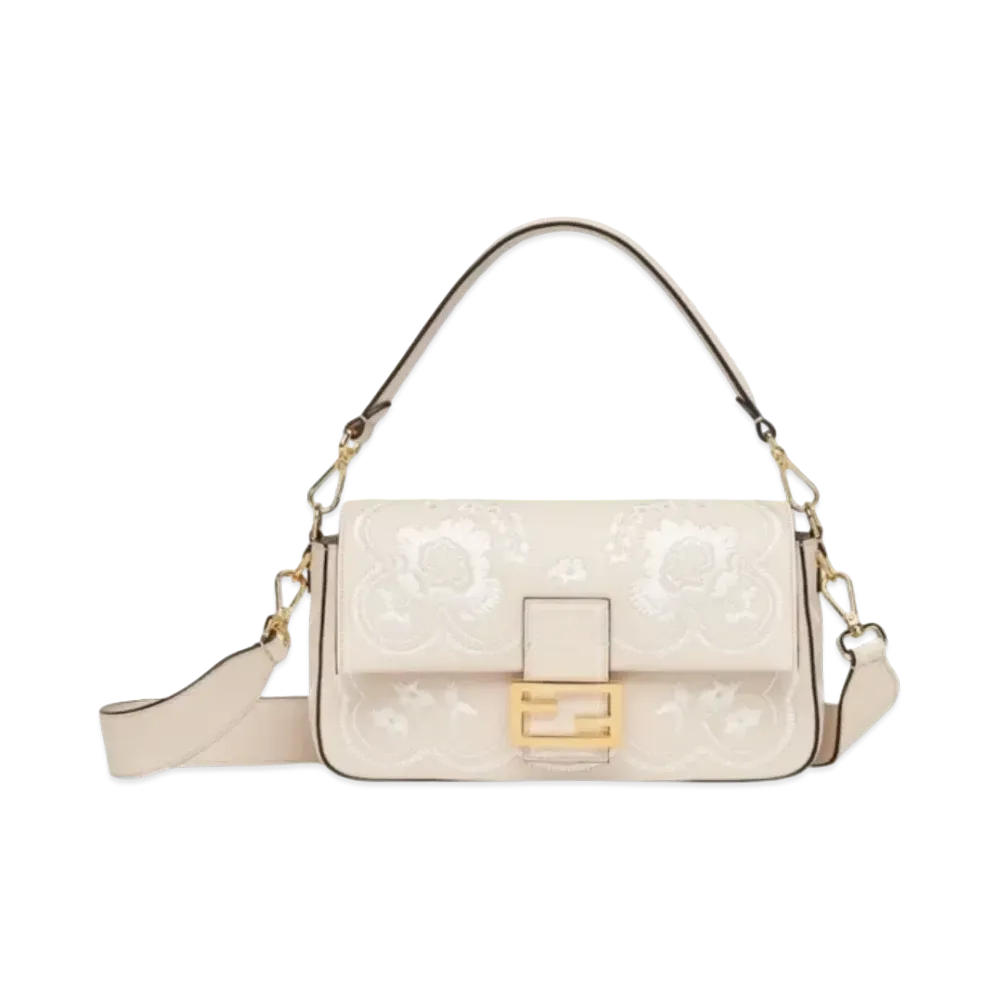 FENDI Baguette Leather Bag Floral Embroidery "Camelia"