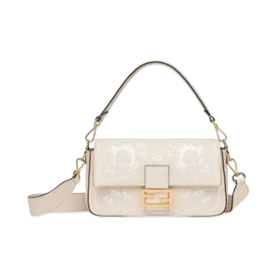 FENDI Baguette Leather Bag Floral Embroidery "Camelia"