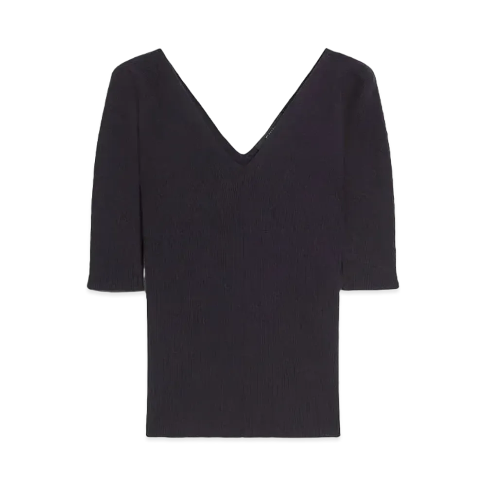 Max Mara Oceano Viscose V-neck Ribbed Knit "Navy"