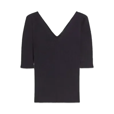 Max Mara Oceano Viscose V-neck Ribbed Knit "Navy"