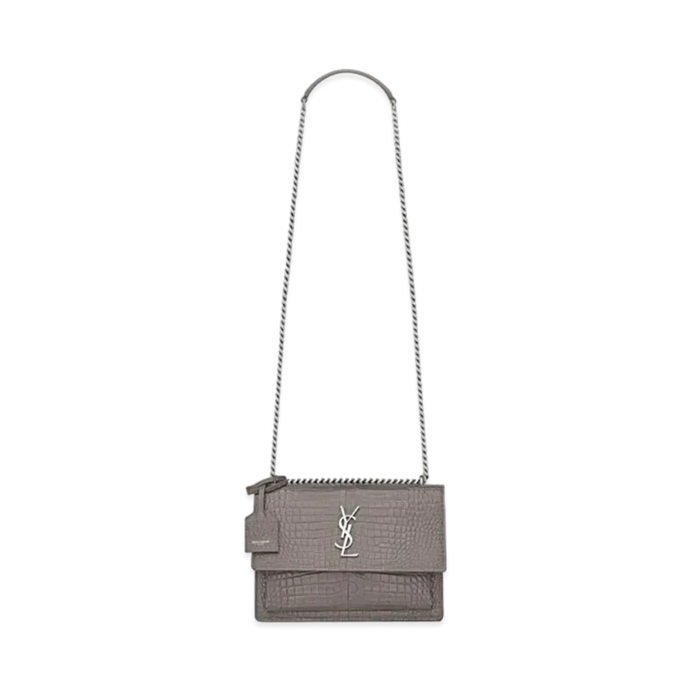 Saint Laurent Sunset Medium In Crocodile-Embossed Shiny Leather "Fog"