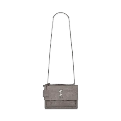Saint Laurent Sunset Medium In Crocodile-Embossed Shiny Leather "Fog"